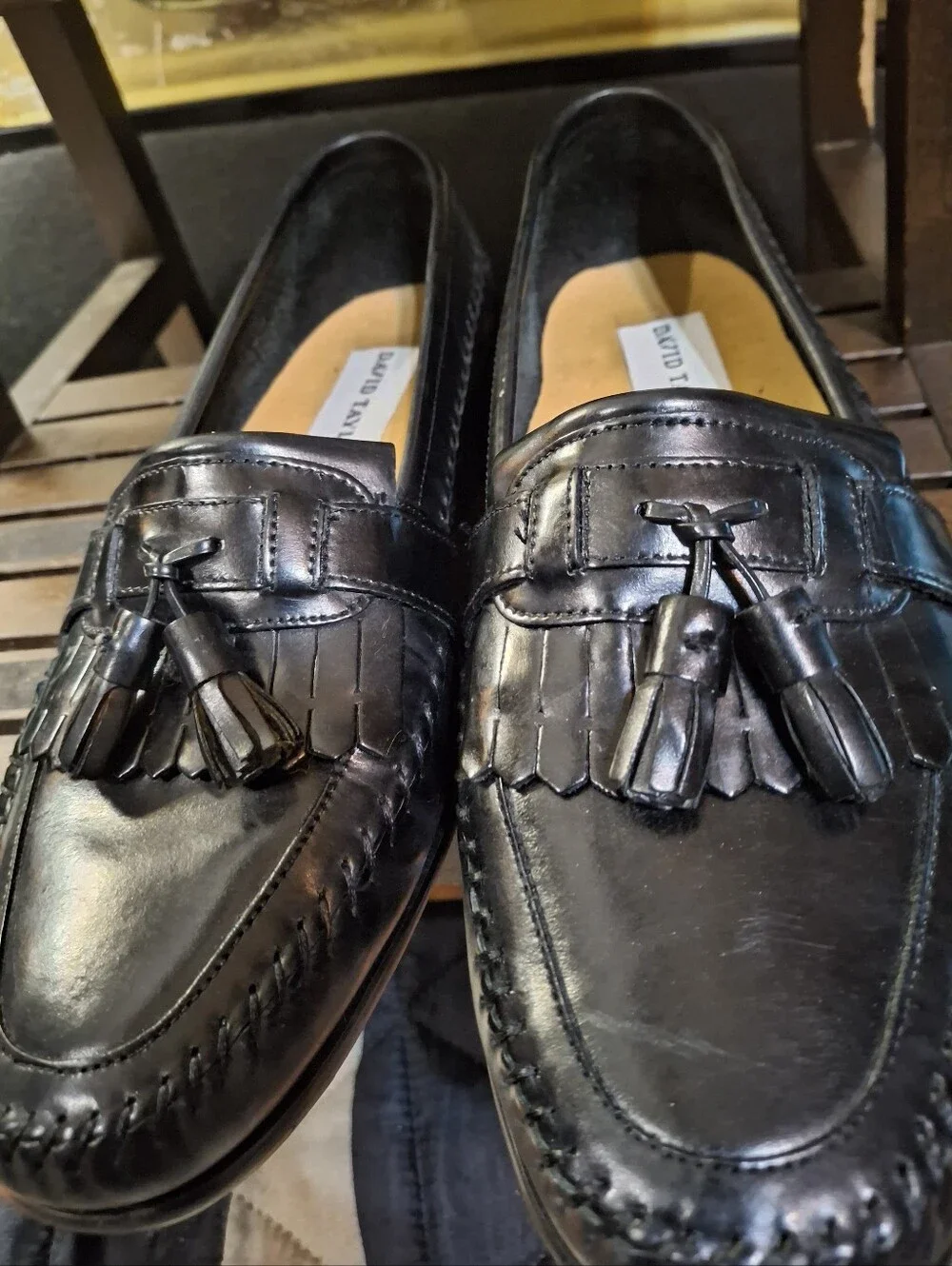 David Taylor Black Leather Tassel Kiltie Loafers